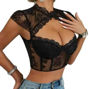 Sexiges schwarzes, durchsichtiges Spitzenkorsett-Top mit Bügel und Cut-out-Design für Damen