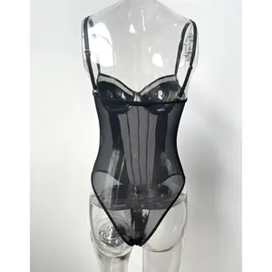 Detailed back view of a sexy black sheer mesh bodysuit displayed on a clear mannequin.