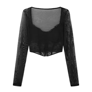 Detail of black sexy lace sheer mesh long sleeve top with square neck and corset boning