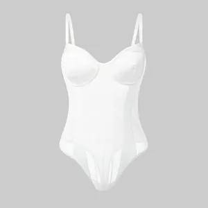 Detailed close-up view of a white sexy mesh patchwork bodysuit with thin spaghetti straps.