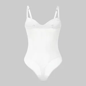 Elegant white mesh bodysuit with adjustable spaghetti straps and sheer fabric detail