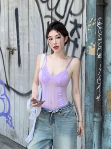 Sexy purple mesh sheer bodysuit with patchwork detail and spaghetti straps