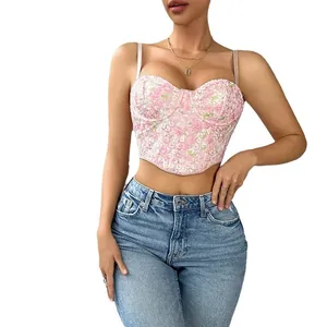 Elegant pink floral lace corset top with sweetheart neckline and slim fit for women.