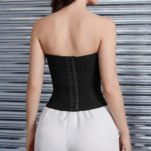 Detailed back view of a black strapless boned corset top with hook-and-eye closure