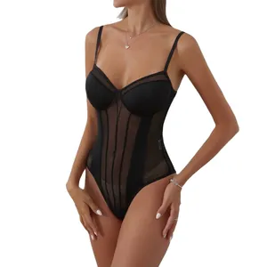 Sexy black mesh splicing bodysuit with suspender straps for women high waist slim fit