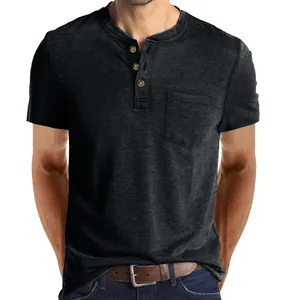 Premium men's casual short-sleeve Henley t-shirt in charcoal grey with chest pocket detail