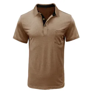 Detailed view of a brown men's short-sleeved Polo shirt with moisture-wicking fabric