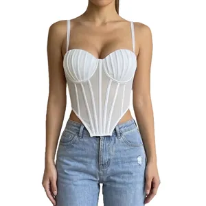 Elegante top a corsetto sexy in mesh bianco con coppe a pieghe e design steccato