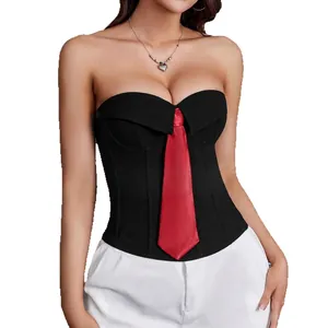 Black strapless corset tube top featuring a red tie accent and underwire boning