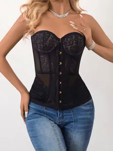 Haut Corset en Dentelle Transparente Sexy pour Femmes Support de Baleine Bustier Coupe Ajustée Maille Modelage