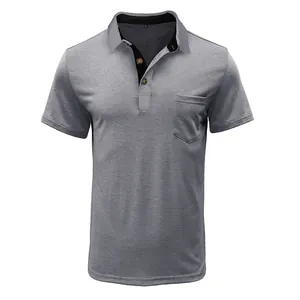 Close-up view of men's gray short-sleeve moisture-wicking Polo shirt with pocket