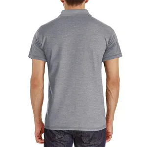 Detailed back view of a breathable grey moisture-wicking short sleeve polo shirt for men