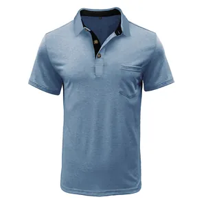 Professional view of blue men's short sleeve polo shirt with chest pocket detail