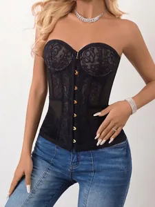 Top corset en dentelle noire sexy avec structure à baleines et maille transparente