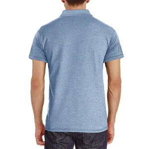 Back view of a light blue heathered moisture-wicking men's short sleeve polo shirt.