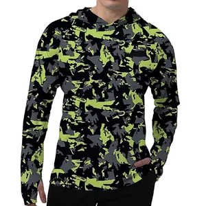 Detail view of men's neon green camouflage hooded quick-dry long sleeve fishing shirt