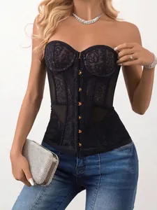 Corset bustier élégant en dentelle noire avec panneaux en maille et crochets dorés