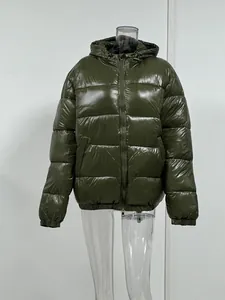 Shiny dark green hooded puffer jacket front view on transparent mannequin display.