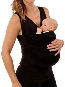 Close-up of black kangaroo baby carrier tank top with wrap-style support