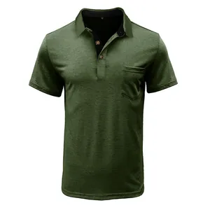 Close-up of men's olive green short-sleeved polo shirt with breast pocket detail.