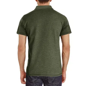 Detailed back view of a men's olive green moisture-wicking short sleeve polo shirt