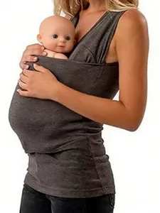 Comfortable grey kangaroo baby carrier vest shirt for hands-free nursing and baby bonding.