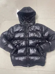 Men's glossy black hooded puffer jacket, warm winter thick casual quilted coat