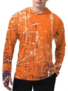 Men's orange hooded fishing shirt with splatter print and functional thumb holes