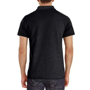 Detailed back view of a moisture-wicking charcoal gray men's short sleeve polo shirt.