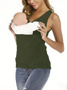 Multi-functional kangaroo pocket nursing tank top for baby carrying in dark green color