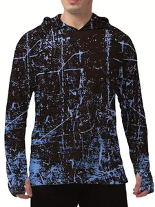 Men's quick-dry hooded long-sleeve fishing shirt with blue distressed splatter print