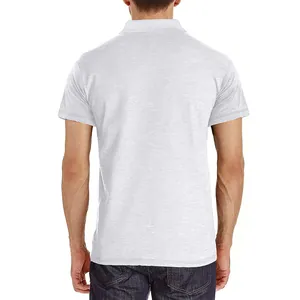 Back view of a breathable men's short-sleeve polo shirt in light grey jersey fabric.