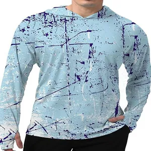 Men's ice silk hooded long-sleeve fishing shirt with blue distressed pattern print