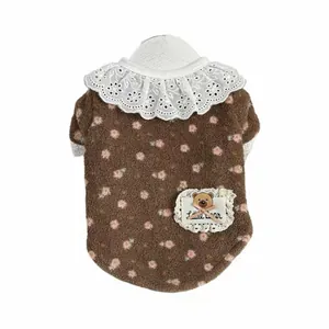 Charming brown floral fleece dog sweater with elegant white lace collar and bear patch.