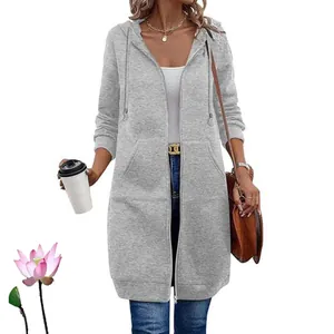 Detail view of women's grey mid-length hoodie jacket with drawstring and front pockets