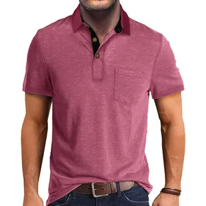 Close-up of maroon short sleeve polo shirt with contrast collar and chest pocket detail