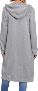 Detailed back view of a women's long grey zip-up hooded sweatshirt with a casual fit