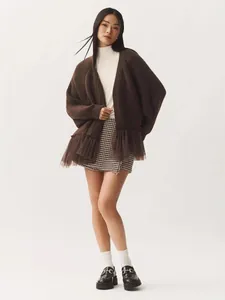 Professional brown knit cardigan with mesh ruffle hem for autumn winter fashion