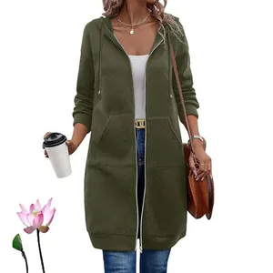 Detail showing the comfortable fit of a mid-length army green hooded zip-up jacket.