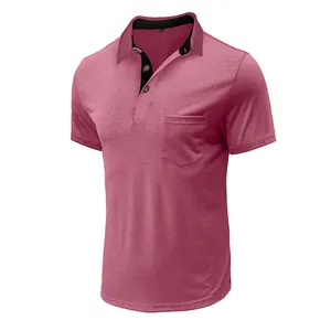 Close-up of a men's mauve short sleeve polo shirt with a contrast collar and pocket.