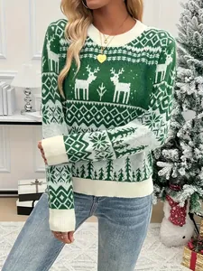 Close-up detail of festive Christmas reindeer knit sweater with snowflake patterns
