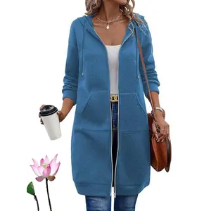 Detailed view of women's casual mid-length blue hooded zip-up jacket with pockets