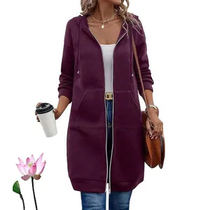 Close-up of a women's mid-length purple hooded jacket with zipper and drawstrings.