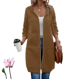 Detailed view of a stylish women's mid-length brown hooded sweatshirt with zip closure.