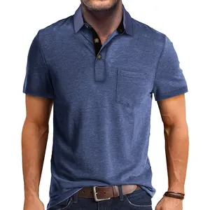 Detail view of men's blue moisture-wicking polo shirt with chest pocket and buttons