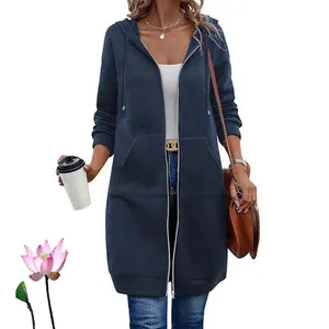 Close-up of women's vintage casual navy blue mid-length hooded zip-up sweatshirt jacket