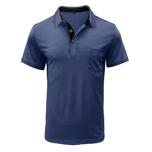 Close-up of a blue men's short-sleeved polo shirt with pocket and black collar detail