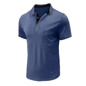Close-up of a blue moisture-wicking men's Polo shirt featuring a chest pocket and collar