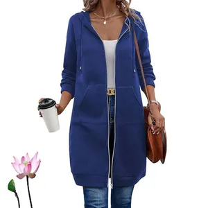 Navy blue women's mid-length zip-up hoodie featuring drawstring and side pockets