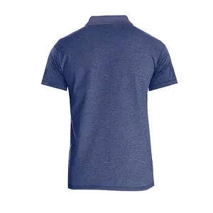 Back view of a men's blue moisture-wicking short sleeve polo shirt with collar.